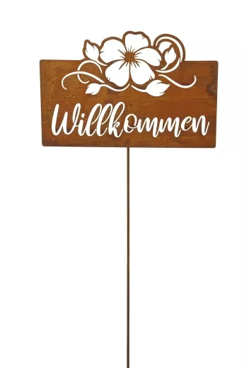 Schild Willkommen rost 32xH21 Eisen, +97cm Stab