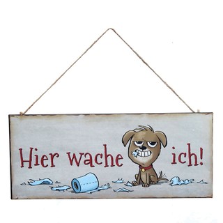 Met. Schild HIER WACHE ICH 30x13cm, mit Jutehänger