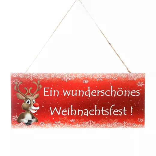 Met.Schild "Elch"30,5x13cm,rot m.Jutehänger,"Weihnachtsfest"