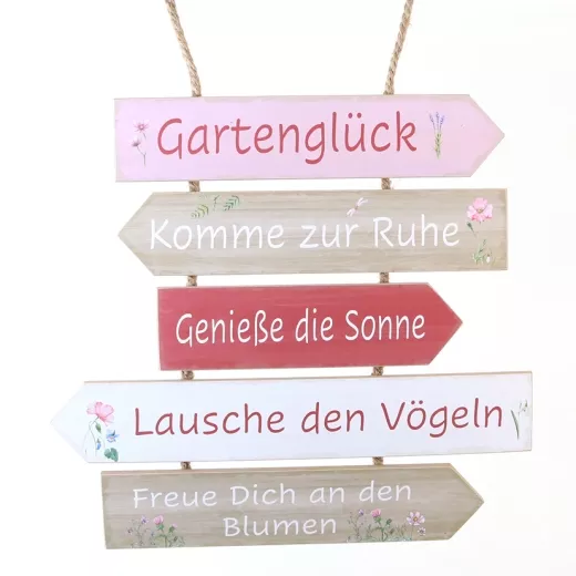 Schild Gartenglück x5 35xH34cm MDF, natur/weiss/rosa/beere