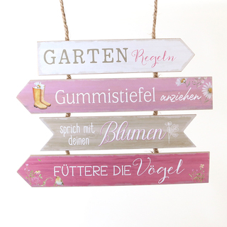 Schild Gartenregeln 4f. 35xH26 MDF, natur/weiss/rosa/pink