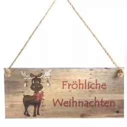 Met.Schild"Fröhl.Weihn."30x13 braun, mit Jutehänger, Elch