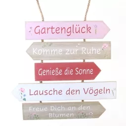 Schild Gartenglück x5 35xH34cm MDF, natur/weiss/rosa/beere