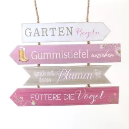 Schild Gartenregeln 4f. 35xH26 MDF, natur/weiss/rosa/pink